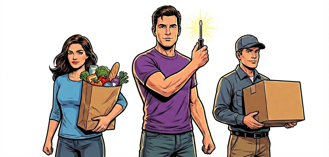 Три помічники сервісу Руки-Ноги: дівчина з продуктами, хлопець з інструментом, хлопець з посилкою